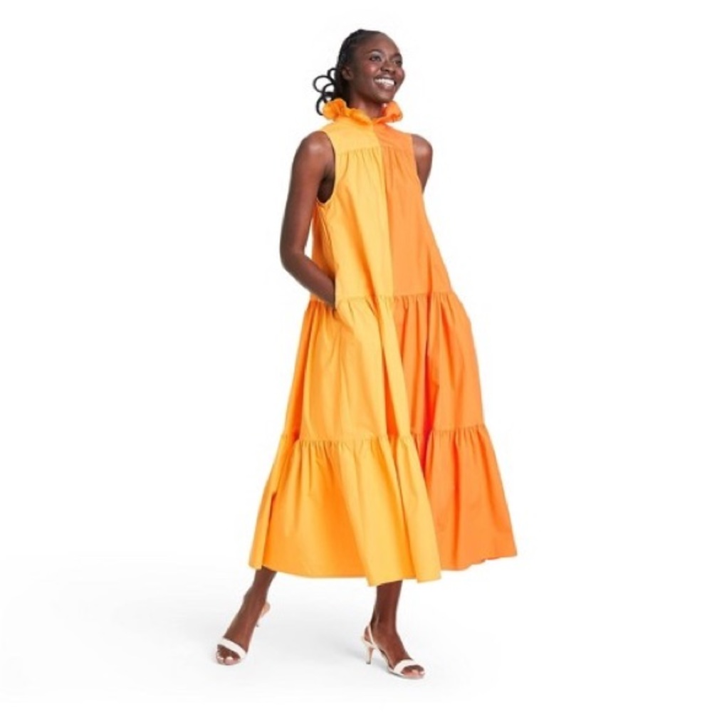 Orange and Yellow Sleeveless Tiered Maxi Dress - Picture 1 of 9